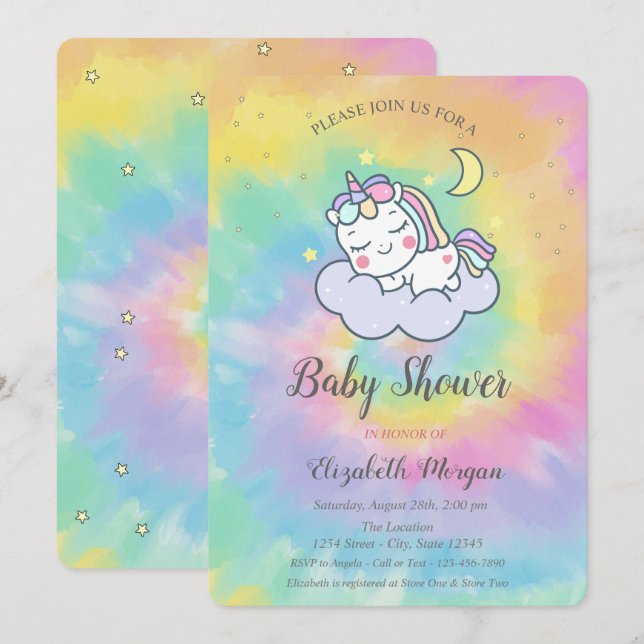 Invitation Cute Unicorne, Nuage, Etoiles Tie Dye Baby shower (Devant / Derrière)
