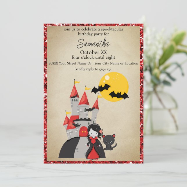 Invitation Cute Vampire Girl and Haunted Castle Halloween (Debout devant)
