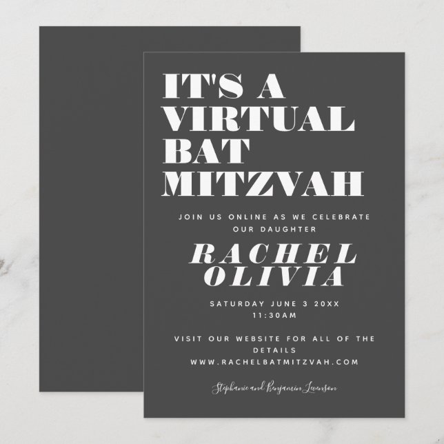 Invitation Cute Virtual Online Bat mitzvah noir et blanc (Devant / Derrière)
