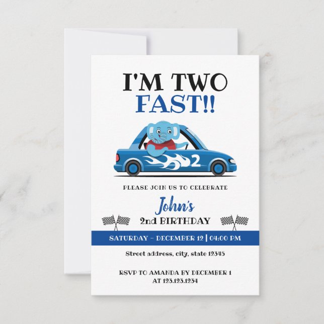 Invitation Cute voiture de course blanc et bleu Deux rapide 2 (Devant)