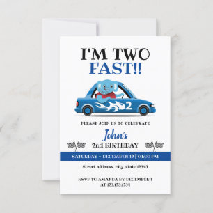 Invitation Cute voiture de course blanc et bleu Deux rapide 2