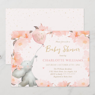 Invitation Cute Watercolor Elephant Floral Girl Baby Shower