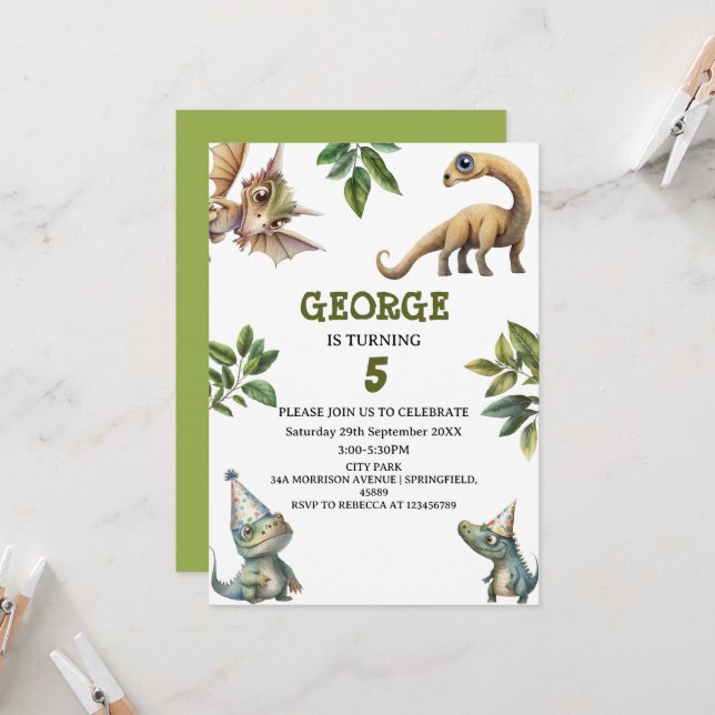 Invitation Cute Watercolor Kids Dinosaur Theme Birthday (Devant/Arrière en situation)