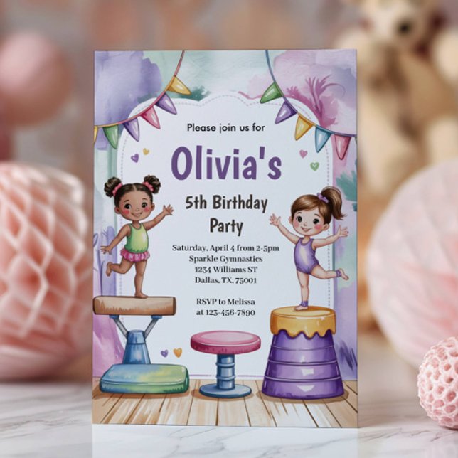 Invitation Cute Watercolor Kids Gymnastics Birthday  (Créateur téléchargé)