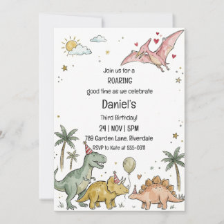 Invitation Cute Watercolor Pastel Dinosaur Third Birthday