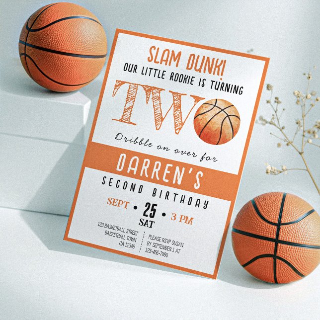 Invitation Cute Watercolor Rookie Basketball 2e anniversaire (Créateur téléchargé)