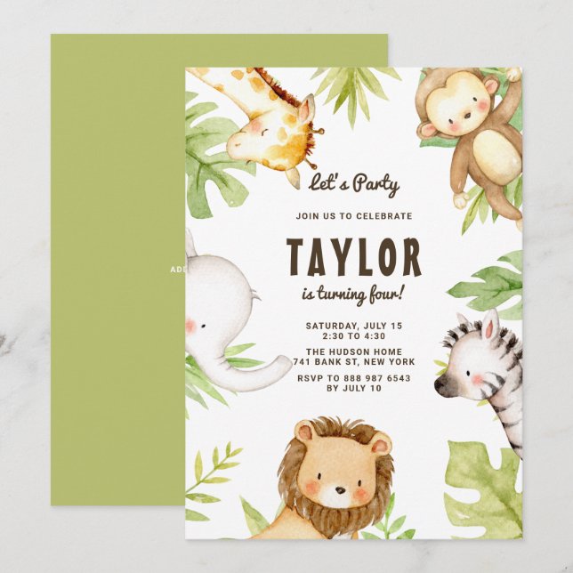 Invitation Cute Watercolor Safari amis Anniversaire tropical (Devant / Derrière)