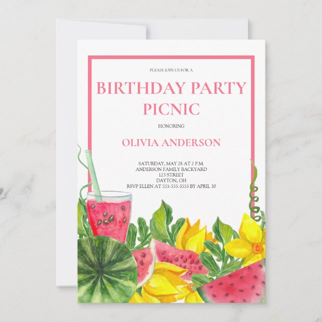 Invitation Cute Watermelon Anniversaire Pique-nique (Devant)