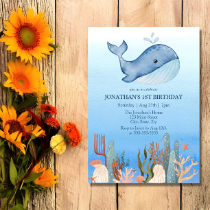 Invitation Cute Whale Blue Sea Coral Reef 1er Anniversaire