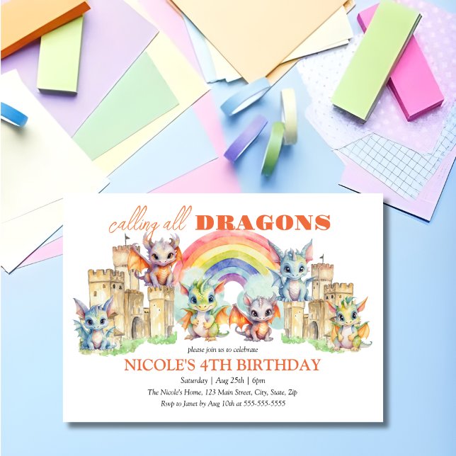Invitation Cute Whimsical Dragons Castle Rainbow Anniversaire (Créateur téléchargé)