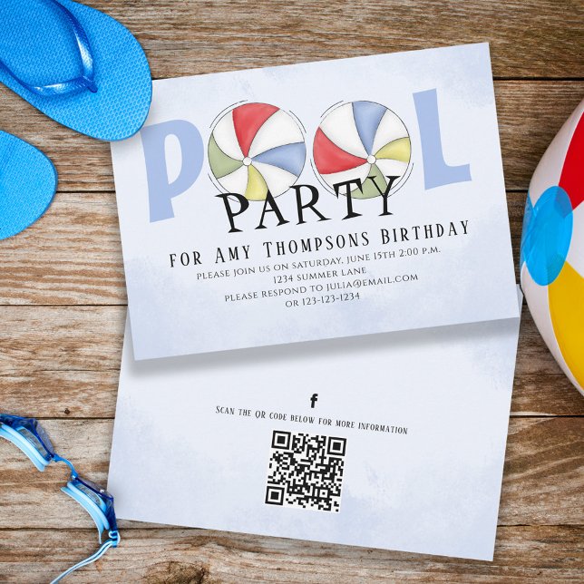 Invitation Cute Whimsical Fun Pool Party QR Code Social Media (Créateur téléchargé)