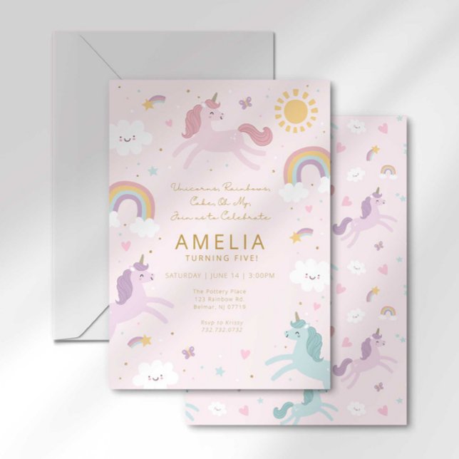 Invitation Cute Whimsical Unicorn Girl 5e anniversaire (Créateur téléchargé)