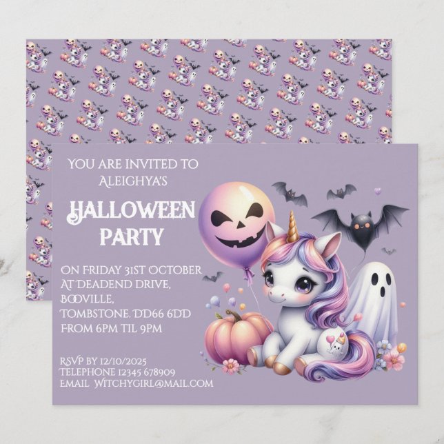 Invitation Cute Whimsical Unicorn Halloween Party (Devant / Derrière)