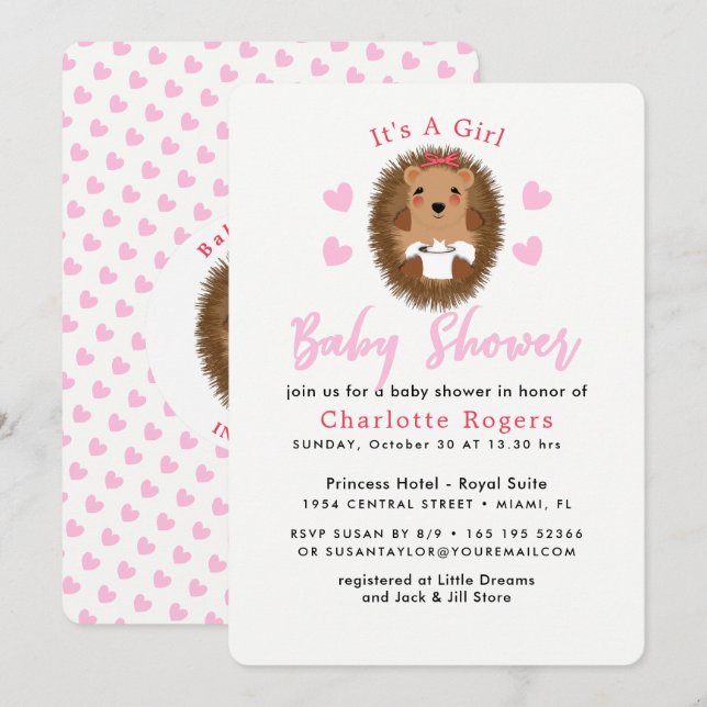 Invitation Cute Whimsy Hedgehog Coeur rose Bébé Fille Douche (Devant / Derrière)
