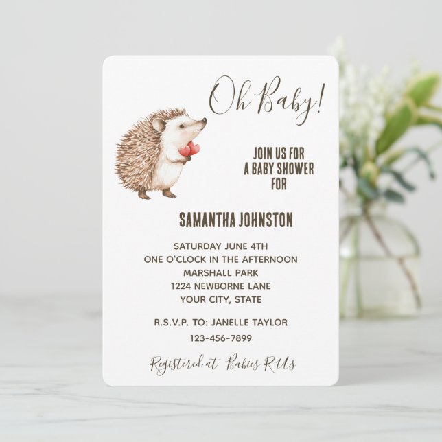 Invitation Cute White Cream Brown Hérisson Coeur Baby shower (Debout devant)