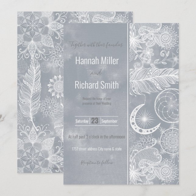 Invitation Cute White & Grey Dreamcatcher Plumes Mandala (Devant / Derrière)