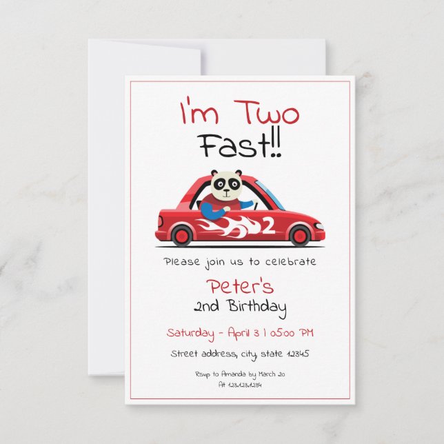 Invitation Cute White Race Car Panda Deux Fast 2e Anniversair (Devant)