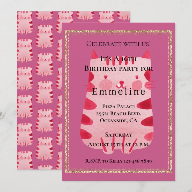 Invitation Cute White Rose Chat Parties scintillant or 16e an (Devant / Derrière)