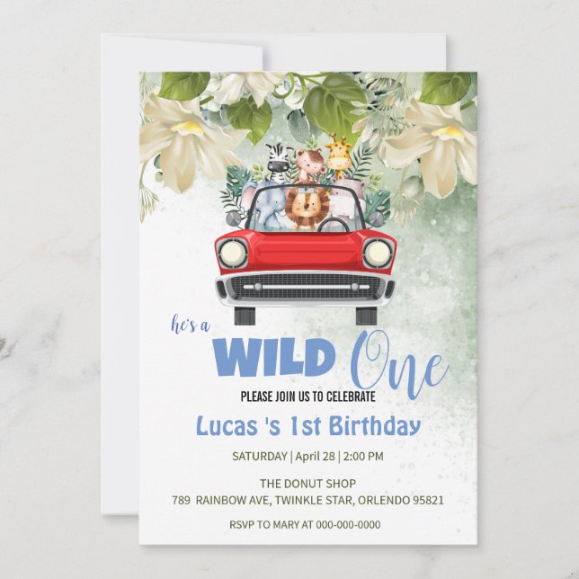 Invitation Cute Wild One Safari Animal love Voiture 1er anniv (Devant)