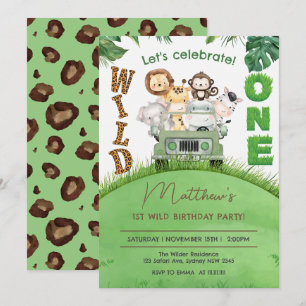 Invitation Cute Wild One Safari Animaux Jungle 1er anniversai