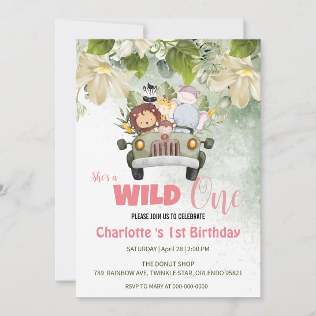 Invitation Cute Wild One Safari Animaux Voiture 1er Anniversa (Devant)