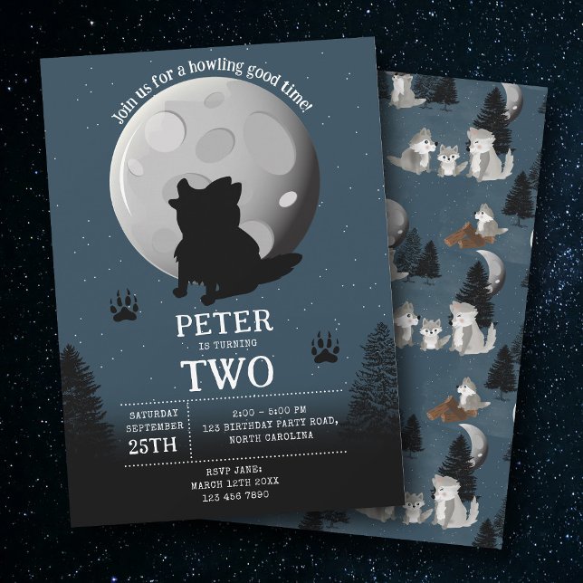 Invitation Cute Wolf Pack Woodland Moon Howling Birthday (Cute Wolf Pack Woodland Moon Howling Birthday Invitation)