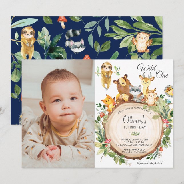 Invitation Cute Woodland Animaux 1er anniversaire garçon fill (Devant / Derrière)