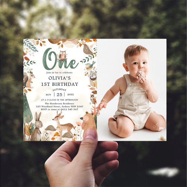 Invitation Cute Woodland Animaux 1er Anniversaire Photo (Créateur téléchargé)
