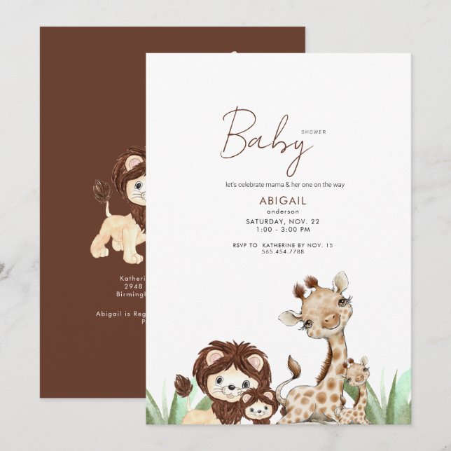 Invitation Cute Woodland Animaux Baby shower Brown et blanc (Devant / Derrière)