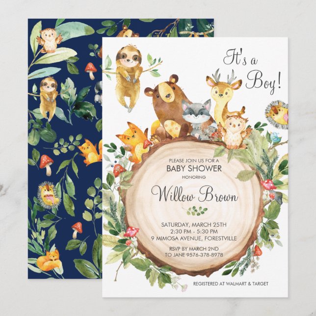 Invitation Cute Woodland Animaux Baby shower Garçon Neutre (Devant / Derrière)