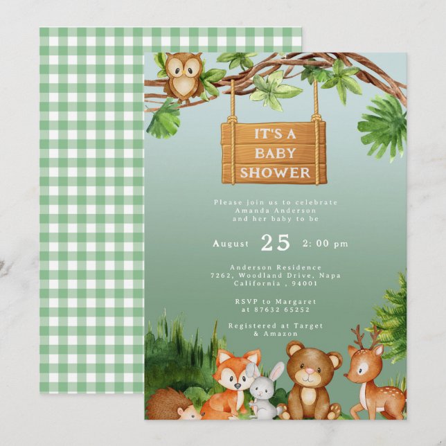 Invitation Cute Woodland Animaux Baby shower personnalisé (Devant / Derrière)