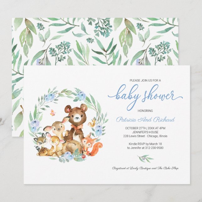 Invitation Cute Woodland Animaux Baby shower verdoyant (Devant / Derrière)