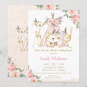 Invitation Cute Woodland Animaux Boho Tribal Girl Baby shower