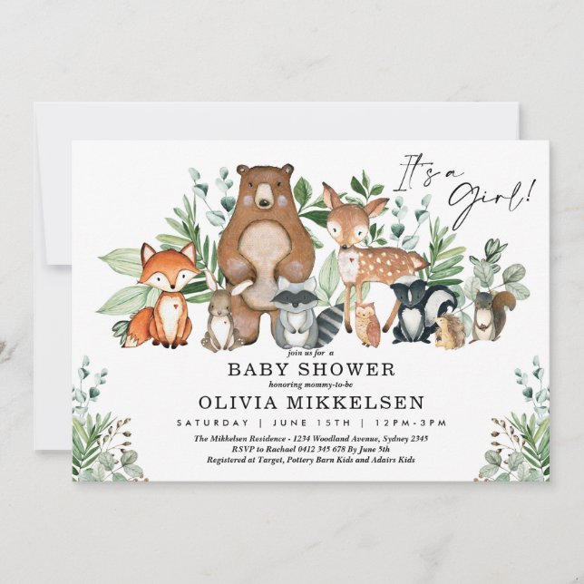 Invitation Cute Woodland Animaux Forêt Baby shower Fille (Devant)