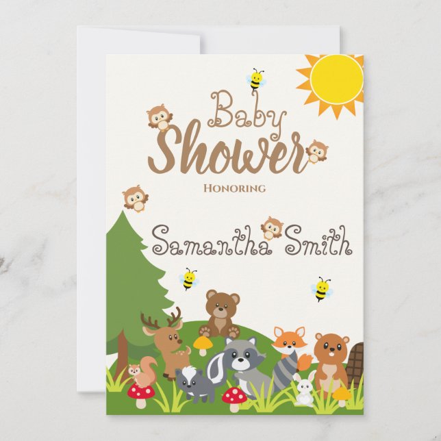 Invitation Cute Woodland Animaux Green Tree Sun Baby shower (Devant)