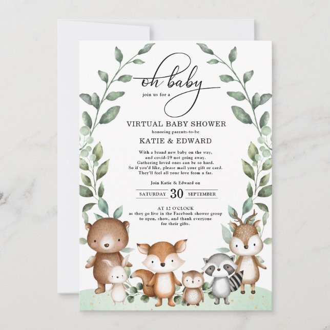 Invitation Cute Woodland Green Animaux Baby shower virtuel (Devant)