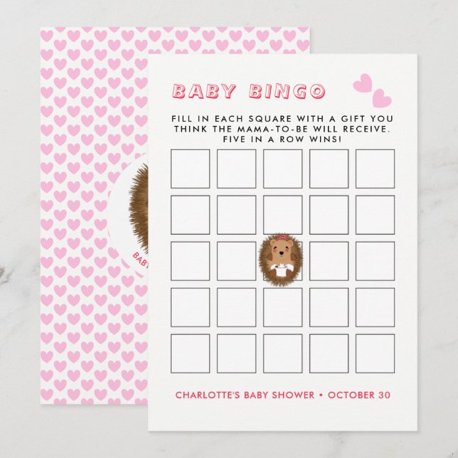 Invitation Cute Woodland Hérisson Baby Girl Douche Bingo Jeu (Devant / Derrière)