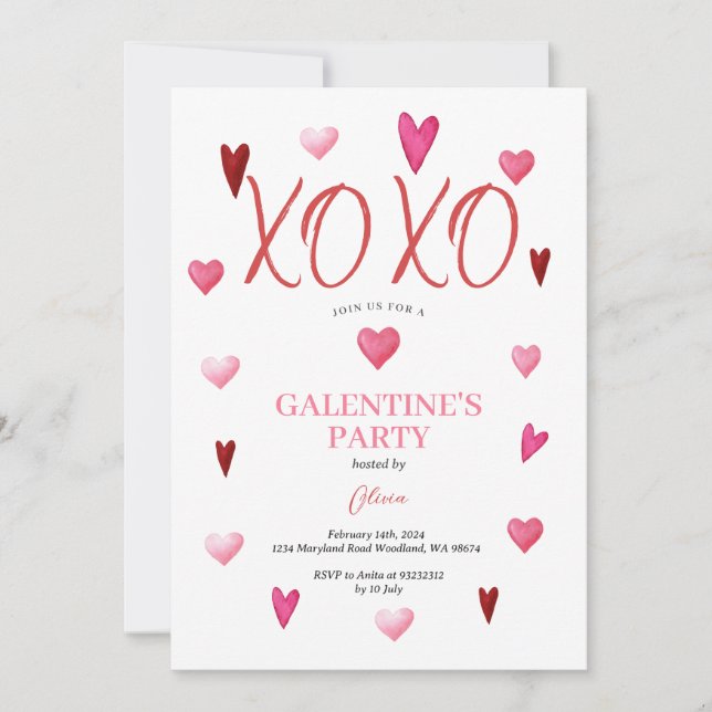 Invitation Cute XOXO Pink de la fête de la Saint-Galentin (Devant)