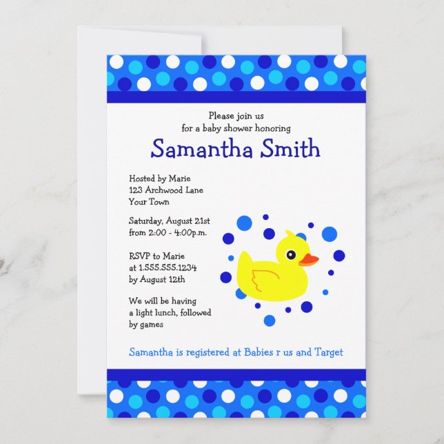 Invitation Cute Yellow Ducky sur Blue Dots Baby shower Invita (Devant)