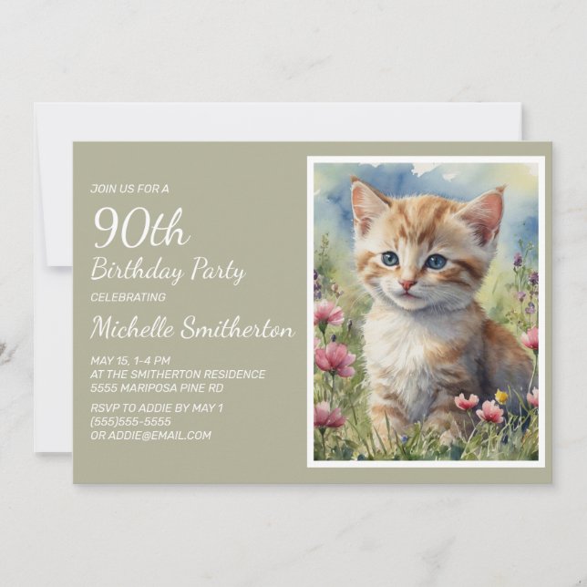 Invitation Cute Yellow Kitten Aquarelle 90e anniversaire (Devant)