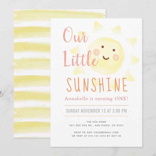 Invitation Cute Yellow Sunshine Girl 1er anniversaire fête (Devant / Derrière)