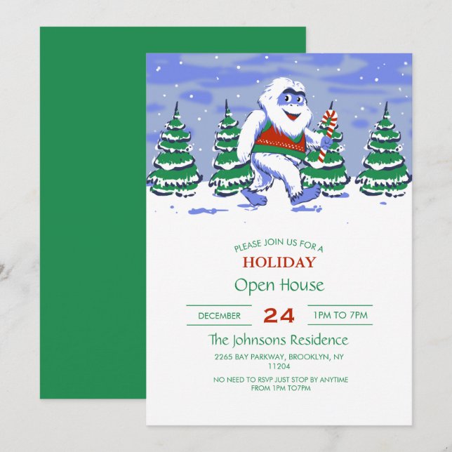 Invitation Cute yeti christmas in forest (Devant / Derrière)