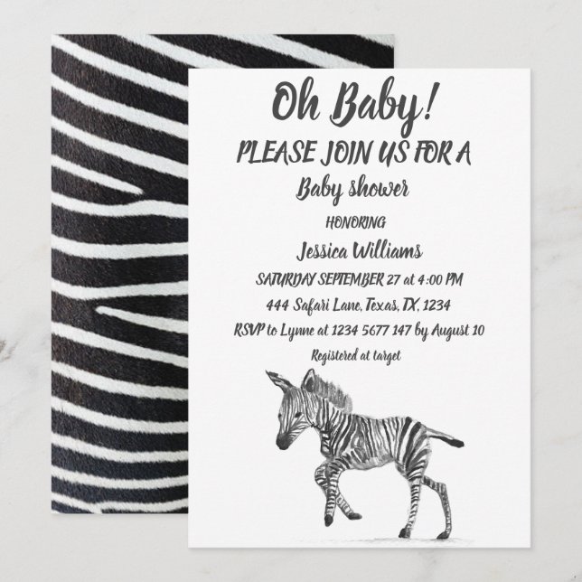 Invitation Cute Zebra Safari Jungle animal motif Baby boy (Devant / Derrière)