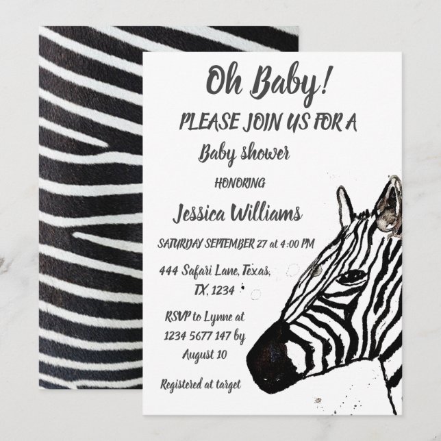 Invitation Cute Zebra Safari Jungle animal motif Baby boy I (Devant / Derrière)