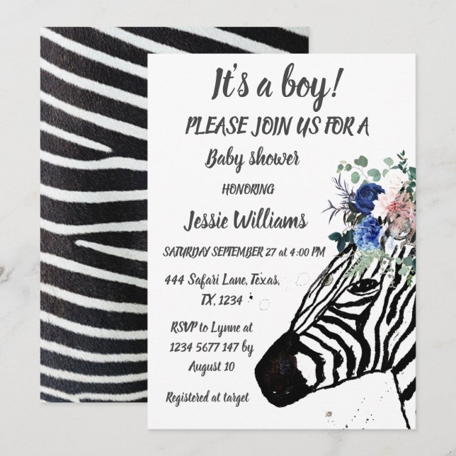Invitation Cute Zebra Safari Jungle animal motif Baby boy I (Devant / Derrière)