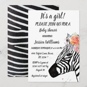 Invitation Cute Zebra Safari Jungle animal motif Baby girl