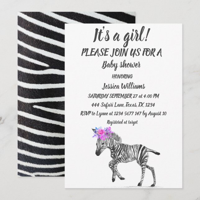 Invitation Cute Zebra Safari Jungle animal motif bébé fille (Devant / Derrière)