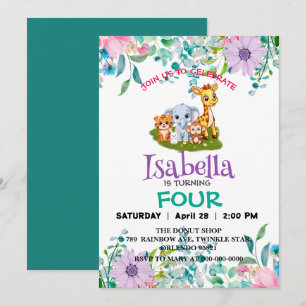 Invitation Cute Zoo jungle Animaux Fête d'anniversaire Fleurs