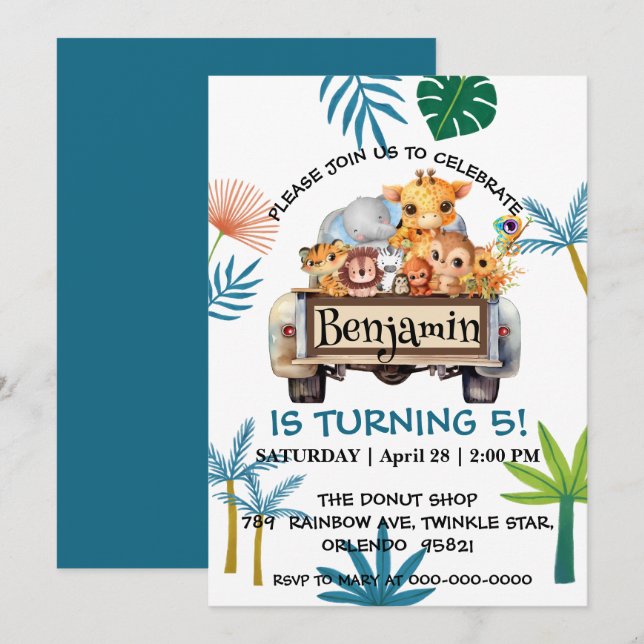 Invitation Cute Zoo jungle farm truck tractor boy Birthday (Devant / Derrière)