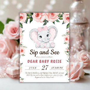 Invitation Cutie Elephant Blush Rose Floral Sip Voir